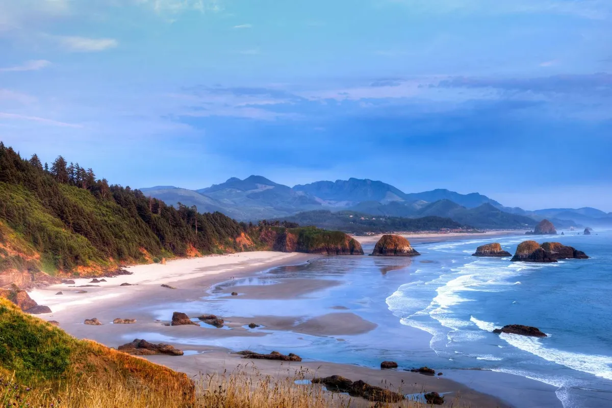 A breathtaking view of a sandy beach with gentle ocean waves, dramatic rock formations, and lush greenery, framed by distant mountains. The scene is tranquil and inviting, perfect for families eager to explore the Pacific coastline just a mile away.