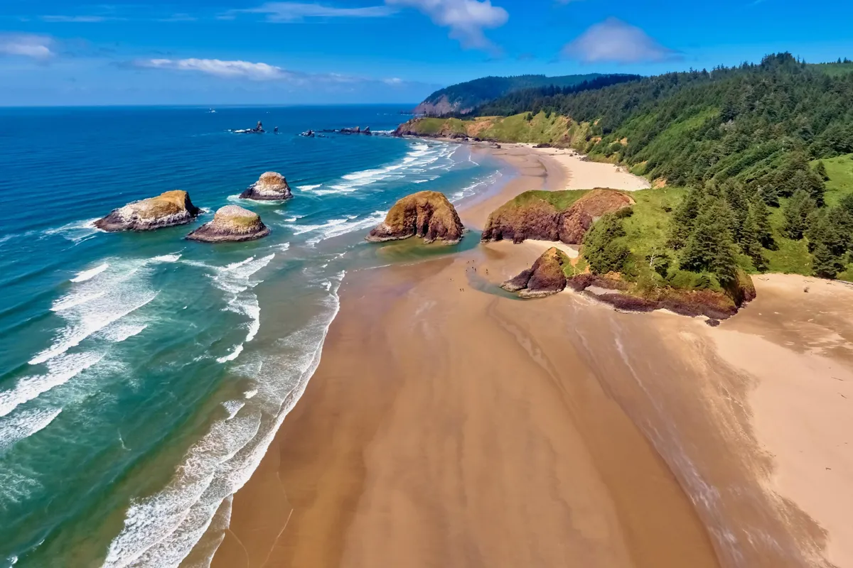 The shoreline reveals dramatic rocky formations, gentle waves, sandy beaches, and lush green hills. The serene atmosphere suggests opportunities for wildlife spotting, hiking, and relaxing by the water—quintessential Oregon Coast experiences.